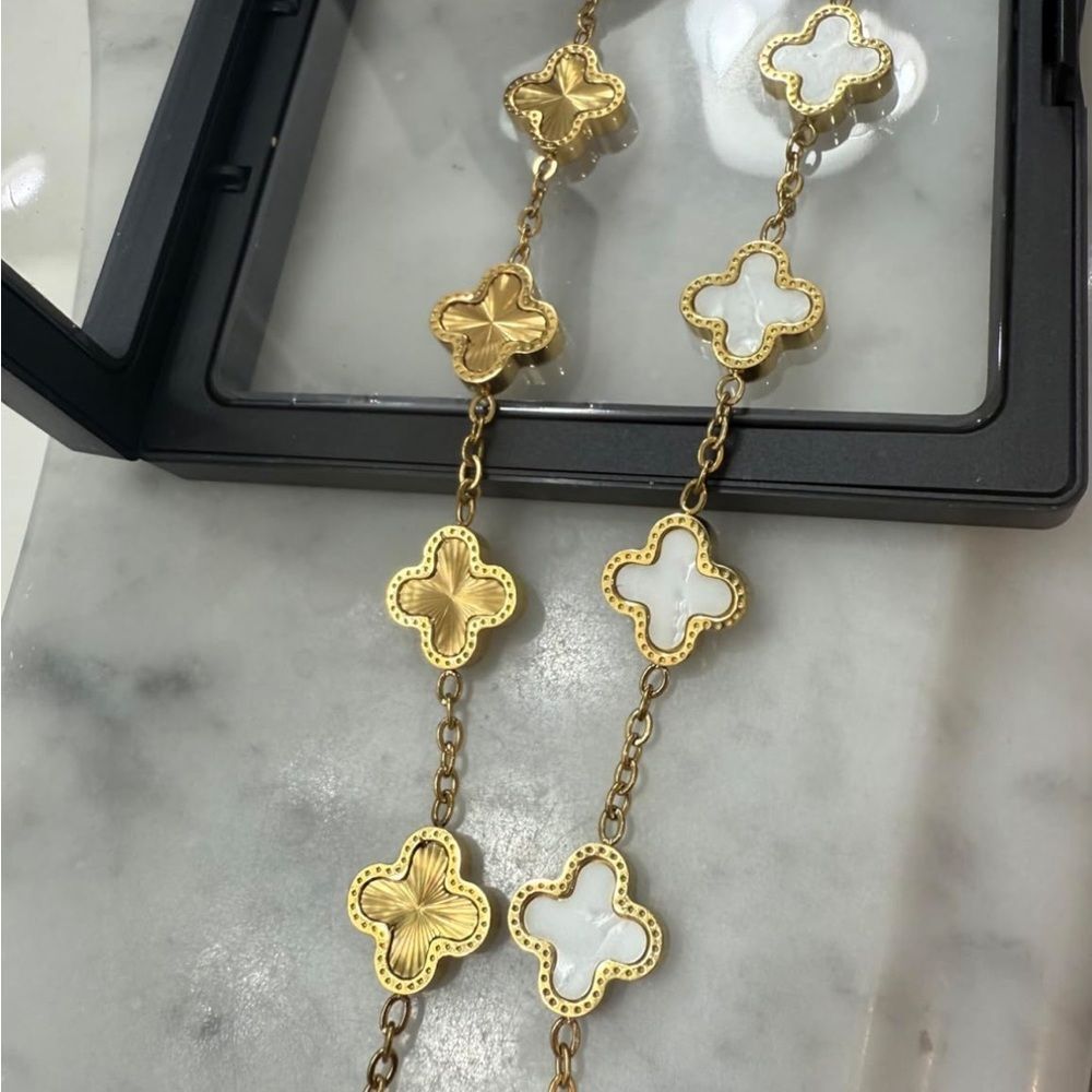 Lucky Clover 18K Gold Bracelet Set White Enamel Dainty Charm